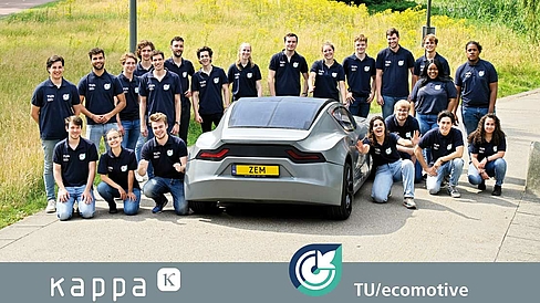 Team TU/ecomotive with "Zem", the car that captures more CO2 than it emits while driving. Part of the concept: 2 digital car mirrors from technology partner Kappa optronics 